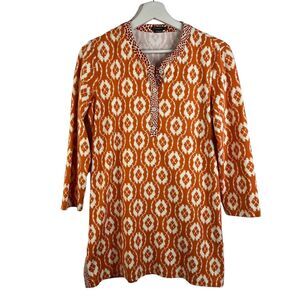J. McLaughlin Size M Tunic Top Orange White Ikat 3/4 Sleeve Popover Henley Soft
